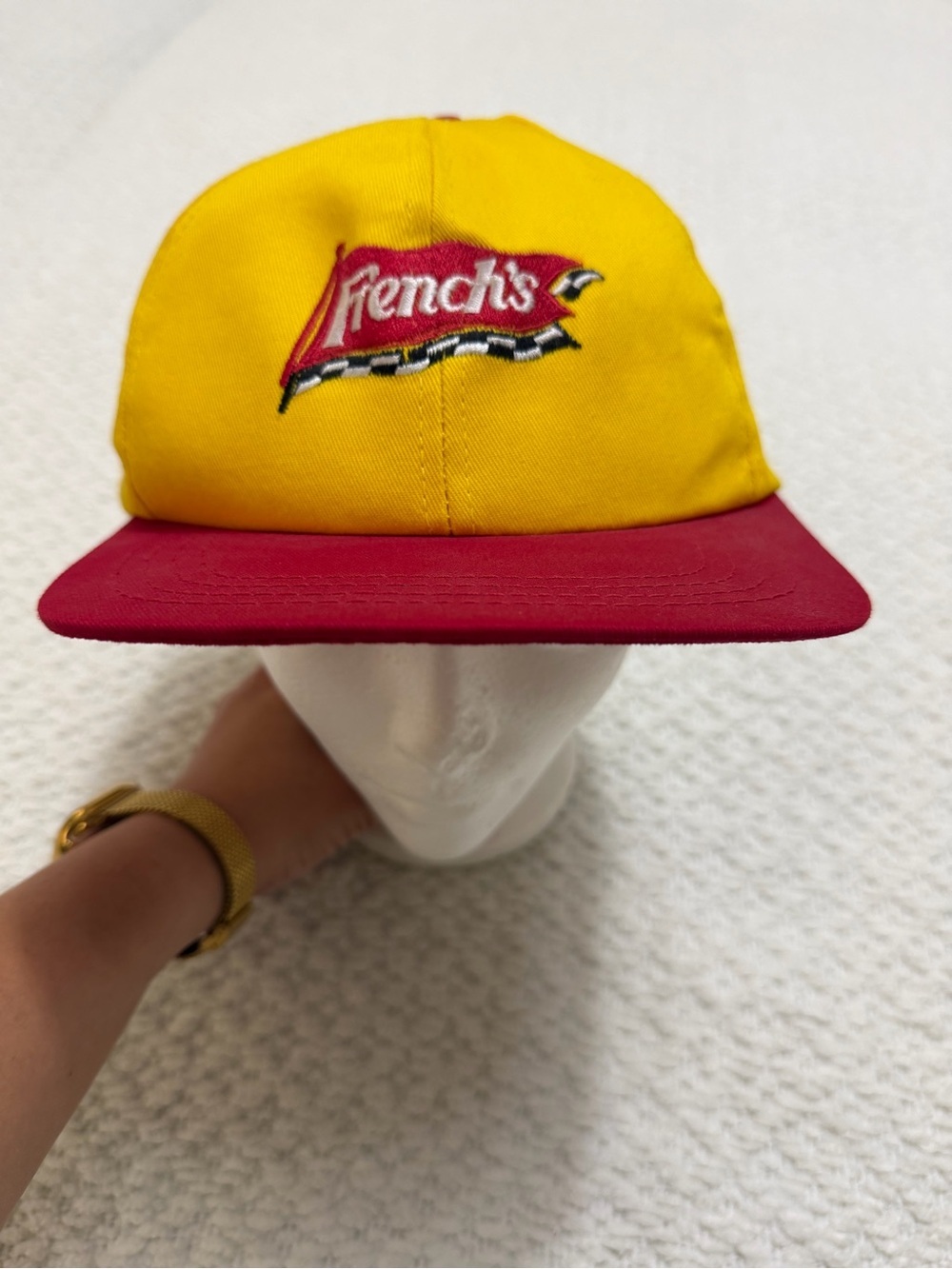 Vintage French’s Yellow Red Hat Americap Made in USA Adjustable